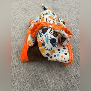 Hand Made Colorful Owl Print Plush baby Blanket and Matching Dog Plush Set